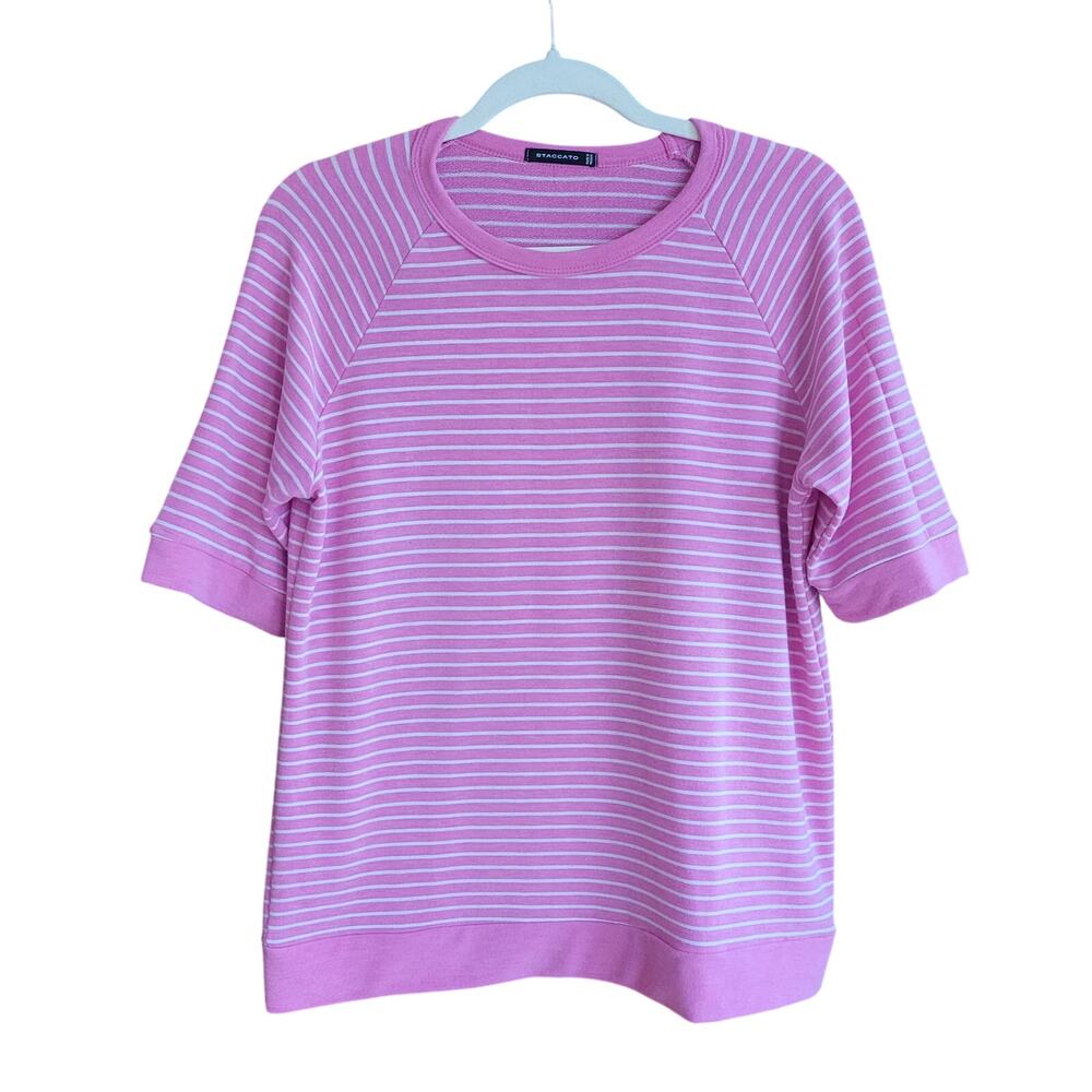 Staccato Pink Striped Ribbed Shirt Size L Short Sleeve Knit Tee Y2K Preppy